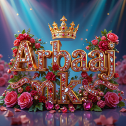 3d name art with diamoned gems and king crown with roses of indian name ArbaaJ MK
