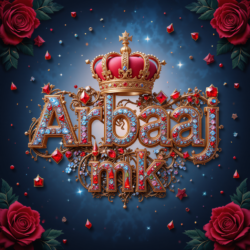 3d name art with diamoned gems and king crown with roses of indian name ArbaaJ and MK