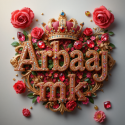 3d name art with diamoned gems and king crown with roses of indian name ArbaaJ MK