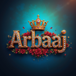 3d name art with diamoned gems and king crown with roses of indian name ArbaaJ