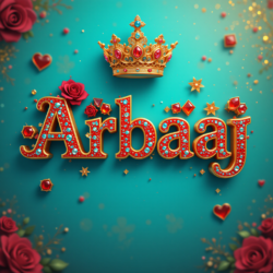 3d name art with diamoned gems and king crown with roses of indian name ArbaaJ
