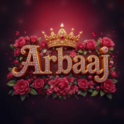 3d name art with diamoned gems and king crown with roses of indian name ArbaaJ