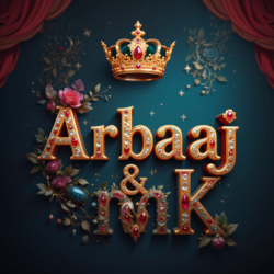 3d name art with diamoned gems and king crown with roses of indian name ArbaaJ and MK