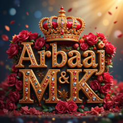 3d name art with diamoned gems and king crown with roses of indian name ArbaaJ and MK