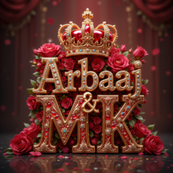 3d name art with diamoned gems and king crown with roses of indian name ArbaaJ and MK