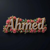 Crafting 3D Name Letter AI Images Free with Bing AI Image Generator with Free 300+ Prompts 168 "Ahmed" name 3d ART with golden border and roses ornaments