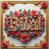 Crafting 3D Name Letter AI Images Free with Bing AI Image Generator with Free 300+ Prompts 166 "Bilal" name 3d ART with golden border and roses ornaments