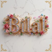 Crafting 3D Name Letter AI Images Free with Bing AI Image Generator with Free 300+ Prompts 169 "Bilal" name 3d ART with golden border and roses ornaments