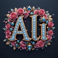 Crafting 3D Name Letter AI Images Free with Bing AI Image Generator with Free 300+ Prompts 165 "Ali" name 3d ART with golden border and roses ornaments