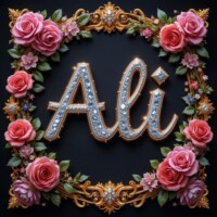 Crafting 3D Name Letter AI Images Free with Bing AI Image Generator with Free 300+ Prompts 172 "Ali" name 3d ART with golden border and roses ornaments